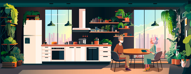 senior couple discussing during meeting aged grandparents sitting at table happy family concept modern kitchen interior horizontal