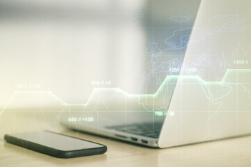 Abstract creative stats data concept on modern laptop background. Multiexposure