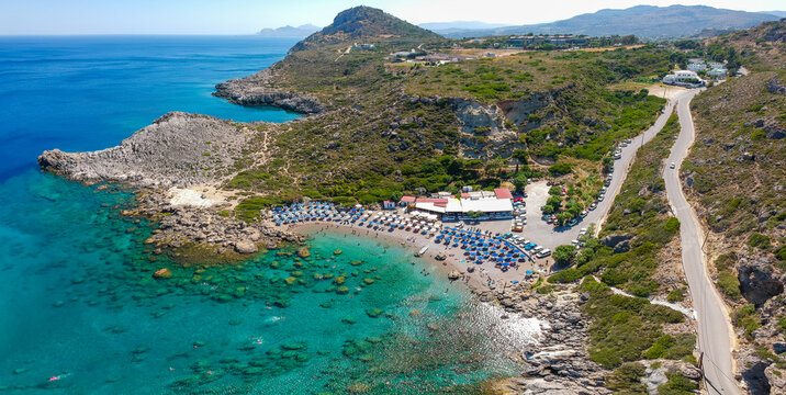 Aerial view and beach in Ladiko bay, Rhodes island, Greece, Europe