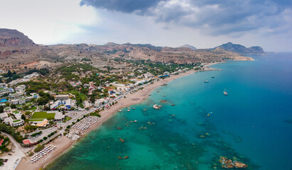 Aerial birds eye view drone photo beach on Rhodes island, Dodecanese, Greece. Panorama with nice...