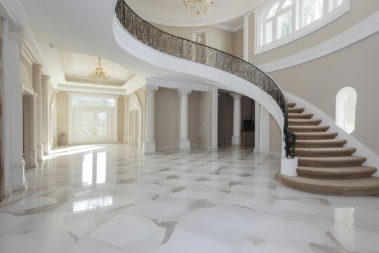Luxury white mansion interior. Beautiful illustration picture. Generative AI