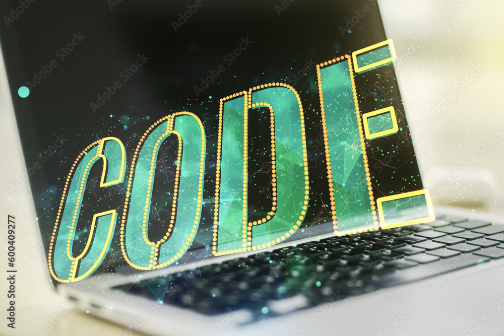Poster creative code word hologram on modern computer background, artificial intelligence and neural networ
