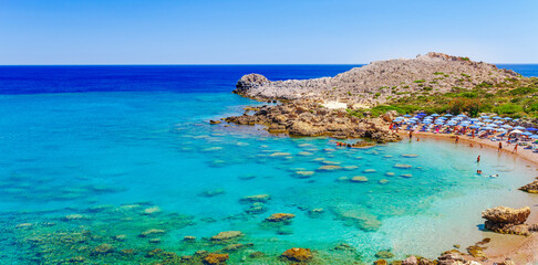 Sea view and beach in Ladiko bay, Rhodes island, Greece, Europe