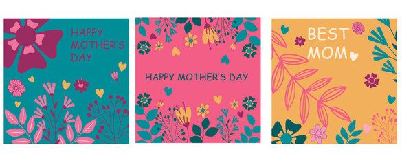 Mother's Day card. Trendy banner, poster, flyer, label or cover with flowers frame, abstract floral pattern in mid century art style. Spring summer bright abstract floral design template for ads promo