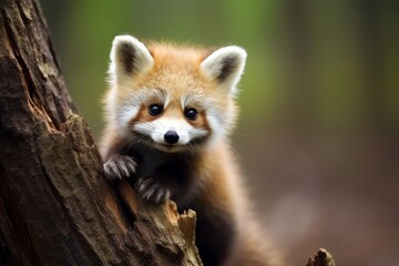 Fox is on the tree outdoors. Beautiful illustration picture. Generative AI