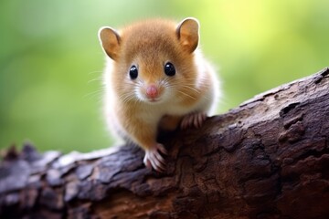 Naklejka na ściany i meble Cute little mouse is on the tree outdoors. Beautiful illustration picture. Generative AI