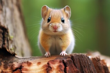 Cute little mouse is on the tree outdoors. Beautiful illustration picture. Generative AI