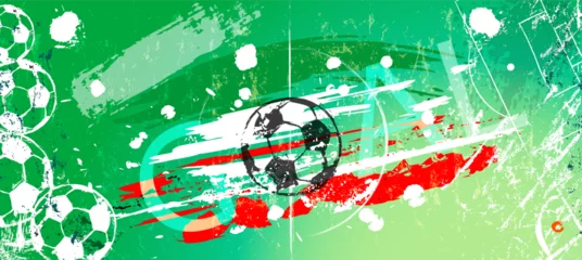 Foto op Aluminium soccer or football, illustration for the great soccer event, with paint strokes and splashes, grungy mockup, free copy space © Kirsten Hinte