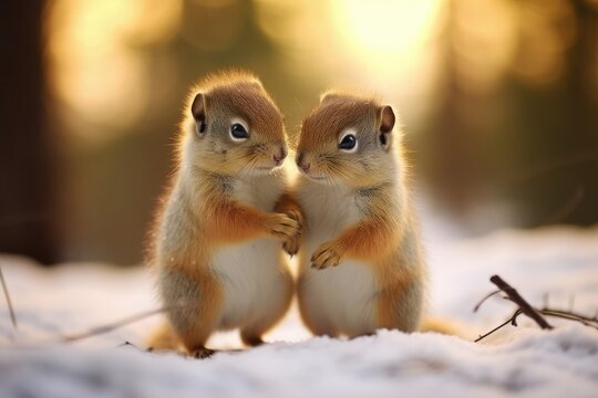 Two gophers is outdoors, winter time. Beautiful illustration picture. Generative AI