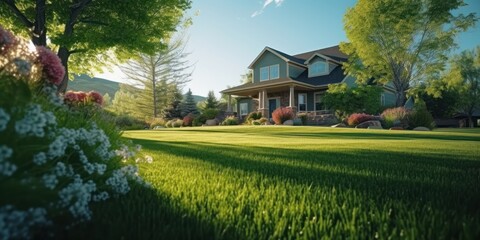 Wide view of lawn with building, summer time. Beautiful illustration picture. Generative AI