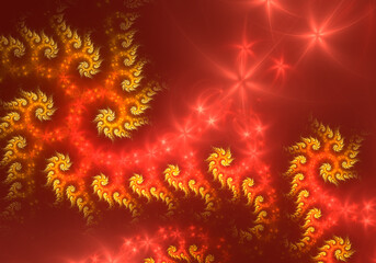 Abstract fractal dragon background in red and gold, with copy space.