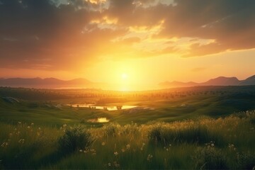 Naklejka na ściany i meble Art of majestic landscape with sunset. Beautiful illustration picture. Generative AI