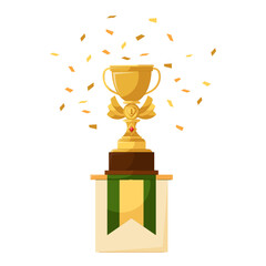 Golden cup strewn with confetti on a white background. Prize, award for the winner of a competition or championship.