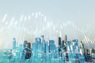 Multi exposure of virtual abstract financial graph interface on Los Angeles cityscape background, financial and trading concept