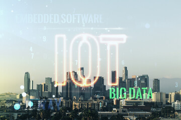 Creative IOT illustration on Los Angeles cityscape background, future technology concept. Multiexposure