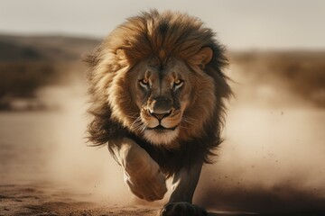 A lion running at full speed. Generative AI - obrazy, fototapety, plakaty