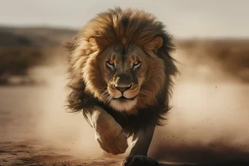 Zelfklevend Fotobehang A lion running at full speed. Generative AI © Salem