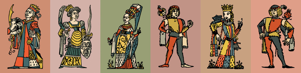 Ancient prince and princess. Set of vintage vector illustrations.