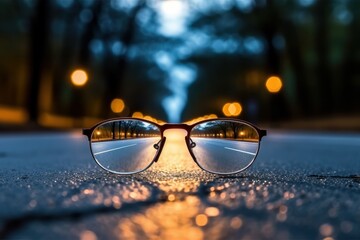 Evening time. Clear image of a road, leading to the source of light. Glasses is lying down. Beautiful illustration picture. Generative AI
