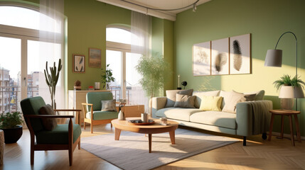 Inviting and Serene Mid-Sized Living Room with a Touch of Character. Generative AI