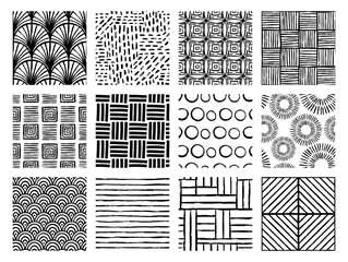 Set of Aesthetic Contemporary printable seamless pattern with abstract Minimal elegant line brush stroke shapes and line in black and white colors.