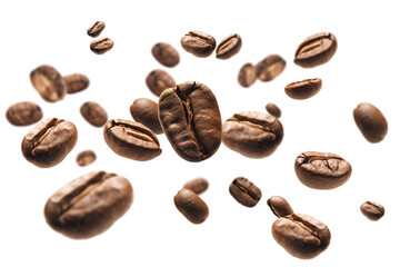 Falling roasted coffee beans isolated on white background with selective focus