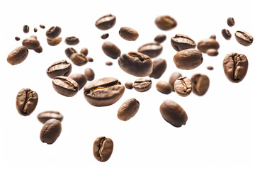 Obraz premium Falling roasted coffee beans isolated on white background with selective focus