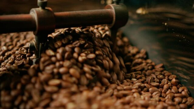 Coffee production the process of roasting fresh coffee beans the beans are mixed and cooled after roasting in a container close-up