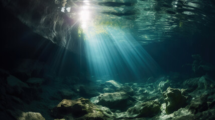 Fototapeta na wymiar Sunlight Beams in Underwater Cenote Cave, Cavediving Exploration and Adventures. Stalactites Landscape. Digital illustration. Generative AI
