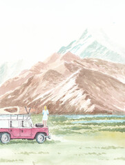 Road trip adventure in the mountains watercolour painting.