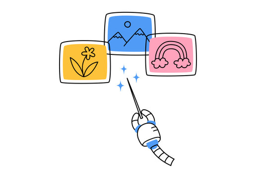 Hand drawn cute cartoon illustration of three robot hands with magic wand. Flat vector artificial intelligence generates image in doodle style. Ai creates digital painting concept. Isolated.