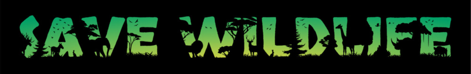 African animal silhouettes. Save wildlife double exposition with vector nature landscape of Africa savannah trees and grass. Elephant, lion, zebra and giraffe, rhino, jungle birds and warthog animals