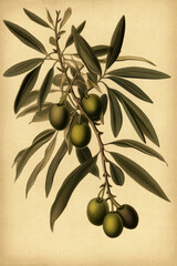 Olivenzweig mit grünen Oliven als Illustration vor gelben Vintage Papier Hintergrund. Generative AI - 600412299