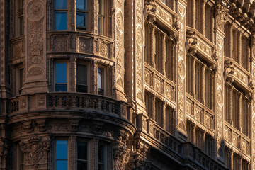 Fototapeta na wymiar French Renaissance facade in Midtown Manhattan. Ornate architectural detail, New York City.