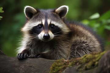 Naklejka na ściany i meble Cute raccoon is outdoors. Beautiful illustration picture. Generative AI