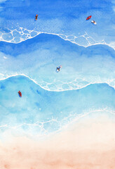 Abstract aerial view watercolour painting of surfers in the sea