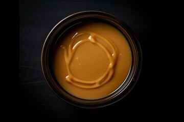 Top-down view of bowl containing butterscotch pudding. Generative AI