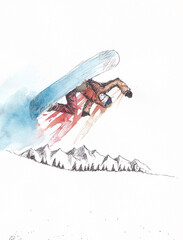 Watercolour and pen and ink illustration of snowboarder doing a jump