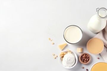 Dairy products, milk, on the white background. Beautiful illustration picture. Generative AI