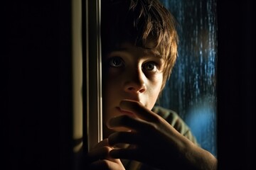 Scared boy is near the window. Beautiful illustration picture. Generative AI