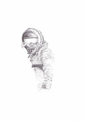 Pen and ink drawing of a female snowboarder