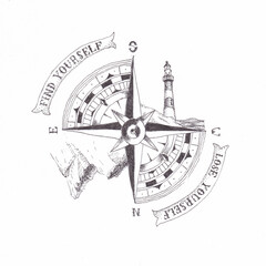 Pen and ink drawing of a compass, with mountains and a lighthouse, and quote find yourself, lose yourself