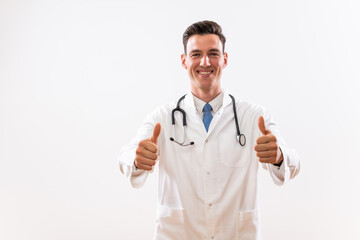 Portrait of young  content doctor showing thumbs up.