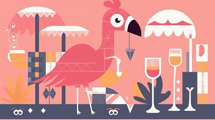 Flat vector of flamingo and beach. Beautiful illustration picture. Generative AI