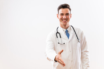 Portrait of happy doctor showing handshake gesture.