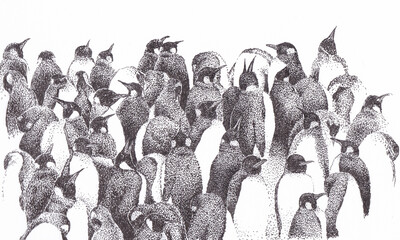 Pen and ink drawing of a colony of penguins