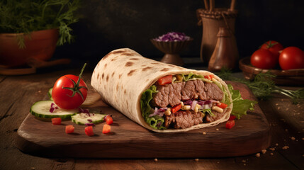 D&ouml;ner Kebab - Turkish wrap with seasoned meat and vegetables. Generative AI Art Illustration