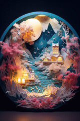 Illustration in the style of paper crafts of an evening ancient Asian village with flowering trees, mountains and a full moon, created with Generative AI