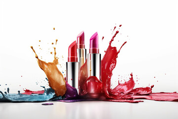 Set of colorful lipsticks with splash on white background,  professional makeup and beauty, lipgloss, AI Generative - obrazy, fototapety, plakaty