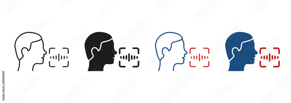Poster voice id recognition technology line and silhouette icon set. identification by voice command pictog